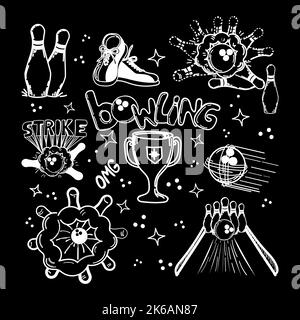 Un set di elementi disegnati a mano con un tema da bowling. Palla da bowling, spilli, scarpe. Tazza. Vittoria. Sciopero dell'iscrizione manoscritto . La sfera batte i perni Illustrazione Vettoriale