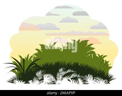 Alba mattina. Giungla foresta pluviale. Natura paesaggio silhouette. Fitti ispessimenti tropicali. Isolato su sfondo bianco. Vettore. Illustrazione Vettoriale