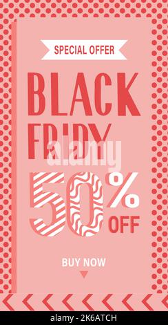 vendita verticale banner rosa con il 50% di sconto nero venerdì Illustrazione Vettoriale