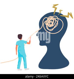 Correzione nel pensiero. L'uomo tiene l'elemento dell'ingranaggio, la silhouette della testa sullo sfondo, lo psicologo o lo psicoterapeuta aiuta a risolvere i problemi mentali, il commercio Illustrazione Vettoriale