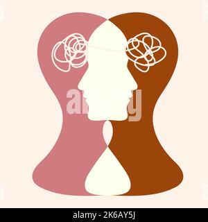 Metafora disturbo bipolare mente mentale. Faccia doppia. Dividi personalità. Disturbo dell'umore del concetto. 2 testa silhouette.Psicologia. Salute mentale. Doppio Illustrazione Vettoriale