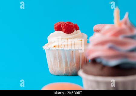 Set di vari cupcake fondenti pronti per essere consumati - luminoso e colorato set Foto Stock