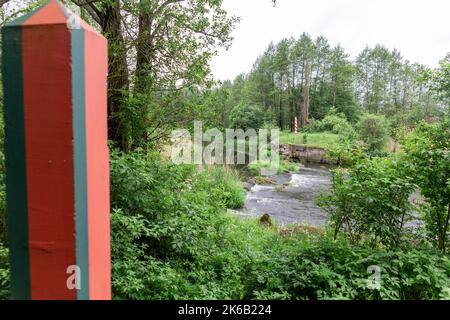 Pali di frontiera sulla linea di confine tra Polonia e Bielorussia sul fiume Svisloch. Focus sul polo lucido. Foto Stock