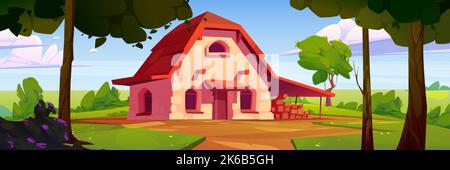 Cottage a bordo foresta, accogliente casa in pietra con tetto in legno stand su campo tra alberi di conifere verde. Casa fantasy in legno estivo soleggiato. Eco abitazione Illustrazione Vettoriale