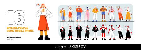 Insieme di persone diverse che utilizzano i telefoni cellulari. I personaggi maschili e femminili parlano e comunicano tramite smartphone. Uomini e donne che navigano sui social network con Illustrazione Vettoriale