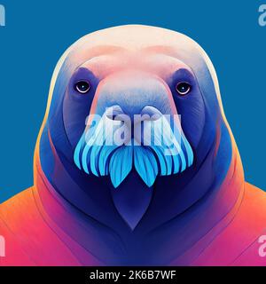 Serio Walrus ritratto colorato. Cartone animato ritratto di walrus. Illustrazione digitale. Foto Stock