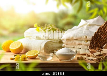 Lavare i vestiti in modo sostenibile con prodotti naturali come limone, bicarbonato e aceto su tavola di legno con asciugamani in natura. Vi. Anteriore Foto Stock