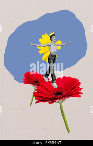 Fotografia creativa 3D collage artwork poster cartolina di felice giovane romantico sognante godere volo ala buon umore isolato su sfondo disegno Foto Stock