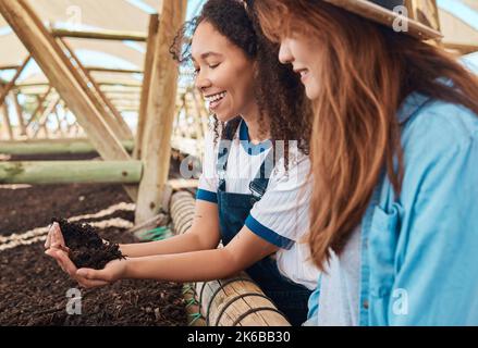 Migliorando il drenaggio di soil. Due giovane donna che ispeziona il suolo mentre lavora insieme su una fattoria. Foto Stock