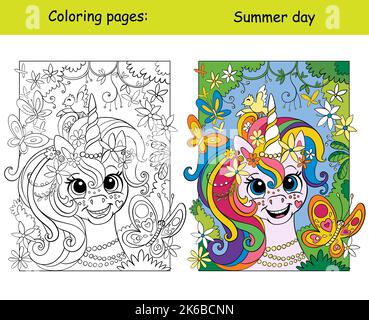 Simpatico unicorno sognante con fiori e farfalle. Bambini colorare con modello di colore. Illustrazione di cartoni animati vettoriali isolati su sfondo bianco. Per e Illustrazione Vettoriale