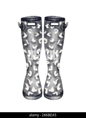 Collezione di wellies con stampa animale. Stivali di gomma autunno concetto autunno. Illustrazione acquerello Foto Stock