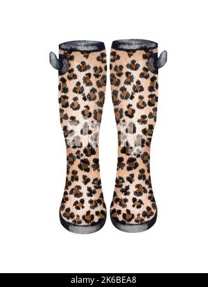 Collezione di wellies con stampa animale. Stivali di gomma autunno concetto autunno. Illustrazione acquerello Foto Stock