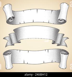 Immagine dello striscione in carta arricciata inciso con riempimento bianco isolato su sfondo bianco Illustrazione Vettoriale