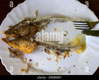 Vista dall'alto del piatto con ossa di pesce con teste da gustoso pasto di trote fresche tostate Foto Stock