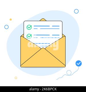 Sondaggio votazione email checklist icona vettore o mail lettera con attività online esame modulo di selezione disegno piano illustrazione, concetto di busta digitale Illustrazione Vettoriale