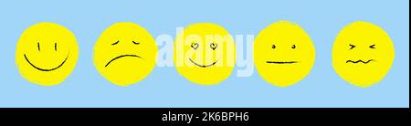 Facce emoji disegnate a mano. Vettore doodle emoticons schizzo, inchiostro pennello icone di felice triste volto divertente, disegno modello illustrazione Illustrazione Vettoriale