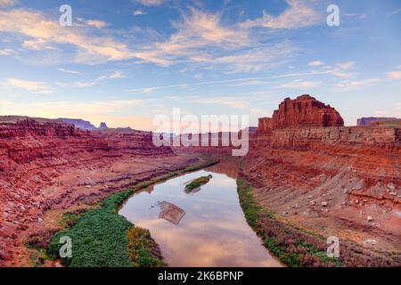 Alba sul collo dell'oca del fiume Colorado nel Meander Canyon vicino a Moab, Utah. Bears Ears National Monument. Punto tratteggio a sinistra. Invasivo Foto Stock