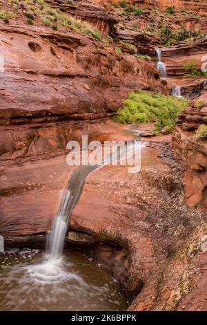 Una piccola cascata effermale o temporanea sopra l'arenaria in un piccolo canyon dopo una pioggia vicino a Moab, Utah. Queste cascate si verificano solo dopo una tempesta di pioggia. Foto Stock