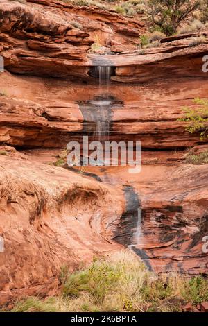 Una piccola cascata effermale o temporanea sopra l'arenaria in un piccolo canyon dopo una pioggia vicino a Moab, Utah. Queste cascate si verificano solo dopo una tempesta di pioggia. Foto Stock