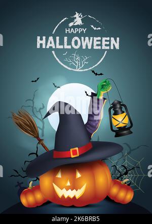 Zucca che indossa il cappello del diavolo. Poster felice di Halloween, volantino, banner design creativo. Disegno di illustrazione vettoriale Illustrazione Vettoriale