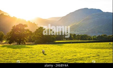 Tramonto sul lago Ullswater nel Lake District, una regione e parco nazionale in Cumbria, nel nord-ovest dell'Inghilterra Foto Stock