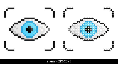 Icona pixel. Scanner retinico per l'identificazione dell'utente. Semplice vettore di gioco retrò isolato su sfondo bianco Illustrazione Vettoriale