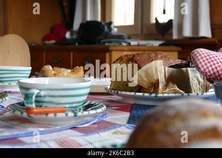 Caffè e torta con nonna in una bella giornata in primavera. L'immagine calda mostra la cosità del pomeriggio. Foto Stock