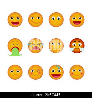 Un set di emoticon emoji con varie emozioni. Icone emoji vettoriali per social network, emozioni positive e negative. Illustrazione Vettoriale