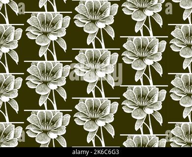 Disegno grafico a linee vettoriali senza cuciture realizzato con fiori in fiore Illustrazione Vettoriale