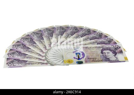 UK banconote fan di UK Polymer £20 banconote da venti sterline valuta britannica Foto Stock