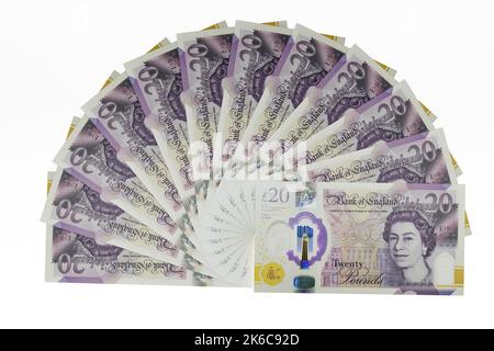 UK banconote fan di UK Polymer £20 banconote da venti sterline valuta britannica Foto Stock