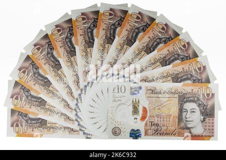 UK banconote fan di UK Polymer £10 banconote da dieci sterline valuta britannica Foto Stock