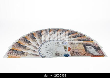 UK banconote fan di UK Polymer £10 banconote da dieci sterline valuta britannica Foto Stock