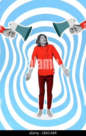 Foto creativa 3D collage poster cartolina illustrazione di incerto uomo dubbio non sapere cercare suono isolato su sfondo disegno Foto Stock