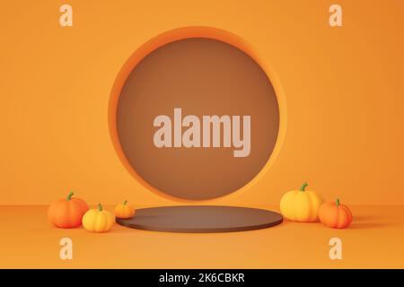 Espositore prodotto marrone con 3D rendering e zucche su sfondo arancione. Autunno, giorno del Ringraziamento o Halloween tema. Foto Stock