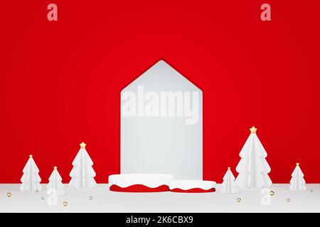 3D rendering bianco e rosso display prodotto stand su sfondo rosso brillante Natale con papercut neve alberi di Natale. Foto Stock