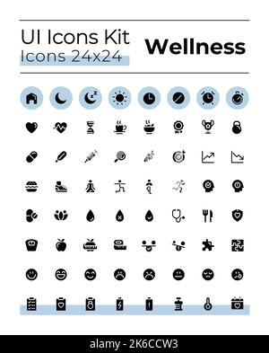 Set di icone ui glyph nere per la salute e il benessere Illustrazione Vettoriale