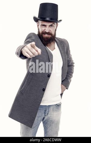 Prestazioni su strada. Operaio circo. Pocus Hocus. Uomo mago tipo bearded. Concetto di prestazioni di Magic Trick. Prestazioni del trucco magico Circus Foto Stock