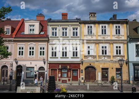 Case sulla Piazza del mercato della Città Vecchia a Bielsko-Biala città in Voivodato silesiano, nel sud della Polonia Foto Stock