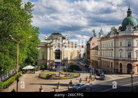 Teatr Polski - Teatro Polacco e Poczta Polska - Polish Post edificio nella città di Bielsko-Biala, nella Voivodato della Slesia, nel sud della Polonia Foto Stock