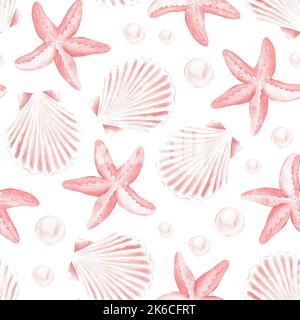 Conchiglie e stelle marine senza cuciture. Illustrazione acquerello. Isolato su sfondo bianco. Per il design di tessuti, abiti, cancelleria Foto Stock