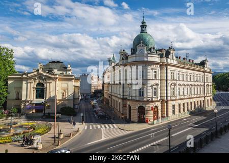 Teatr Polski - Teatro Polacco e Poczta Polska - Polish Post edificio nella città di Bielsko-Biala, nella Voivodato della Slesia, nel sud della Polonia Foto Stock