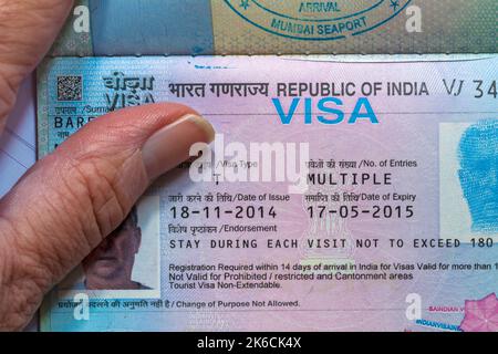 Mano che tiene il passaporto aperto con il visto della Repubblica dell'India in passaporto britannico Foto Stock