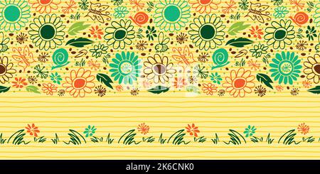 Vettore doodle felice penna giallo daisy scribbles motivo del bordo orizzontale superiore. Adatto per biglietti d'auguri. Illustrazione Vettoriale