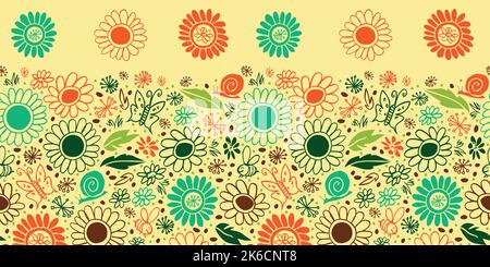 Vettore doodle felice penna giallo daisy scribbles modello di bordo orizzontale. Adatto per biglietti d'auguri. Illustrazione Vettoriale