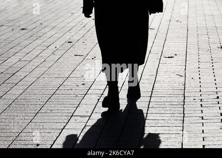 Silhouette di donna solitaria nei vestiti autunnali che camminano per la strada, ombra nera sul pavimento. Concetto di solitudine, drammatica vita umana Foto Stock