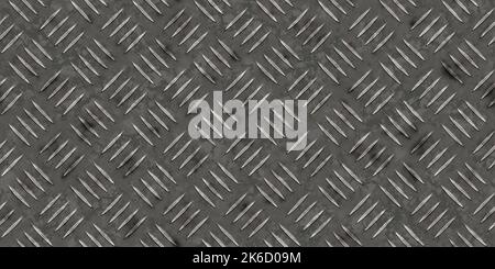 Senza cuciture vecchio ferro graffiato graffiato crosshatch diamante piastra lamiera struttura di fondo. Pannello da pavimento in acciaio industriale colorato grigio scuro, inclinabile, pa Foto Stock