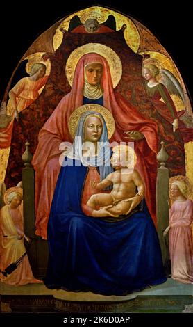 Sant'Anna, la Madonna col Bambino con cinque angeli ('Sant'Anna Metterza') Masolino (Tommaso di Cristofano fini, chiamato) (1383/84 - documentato fino al 1435); Masaccio (Tommaso di ser Giovanni, chiamato) (San Giovanni Valdarno 1401 - Roma 1428) , Firenze, Italia. Foto Stock