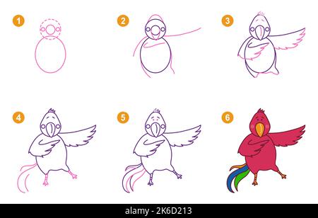 Origami tutorial per bambini. Origami carino pappagallo di Macaw. Illustrazione Vettoriale