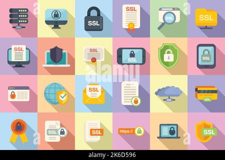 Le icone dei certificati SSL impostano il vettore flat. Sicurezza SSL. Virus di scansione Illustrazione Vettoriale